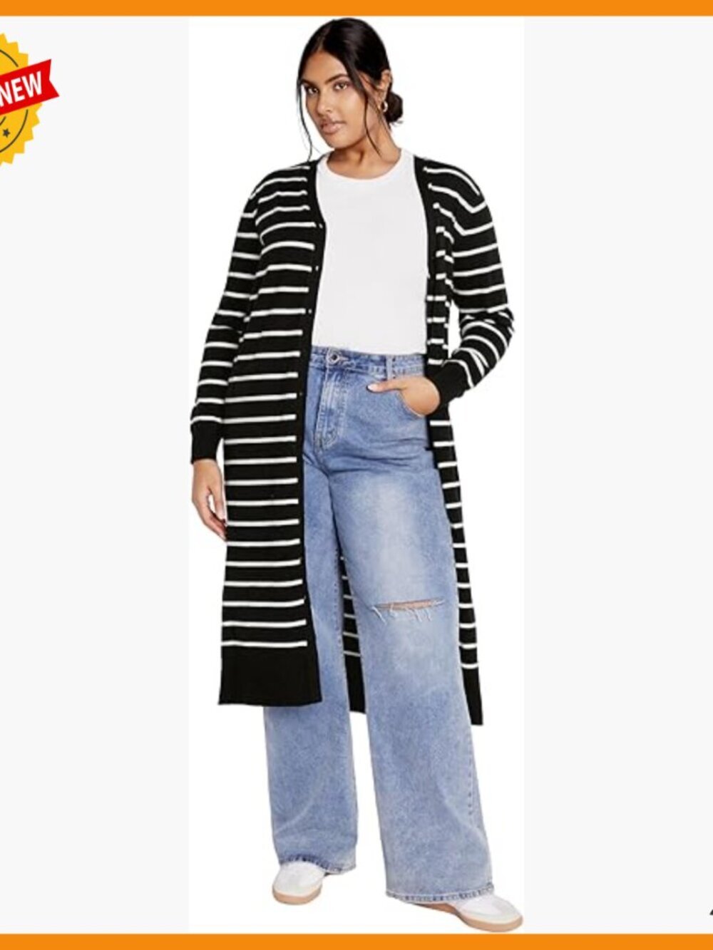 Plus Size Cardigan Longline Hem V Neck Full Sleeves Stretch Fabric